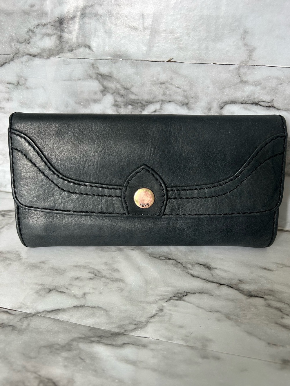 Frye | Black leather brass snap closure Zipper compartment Wallet embossed logo